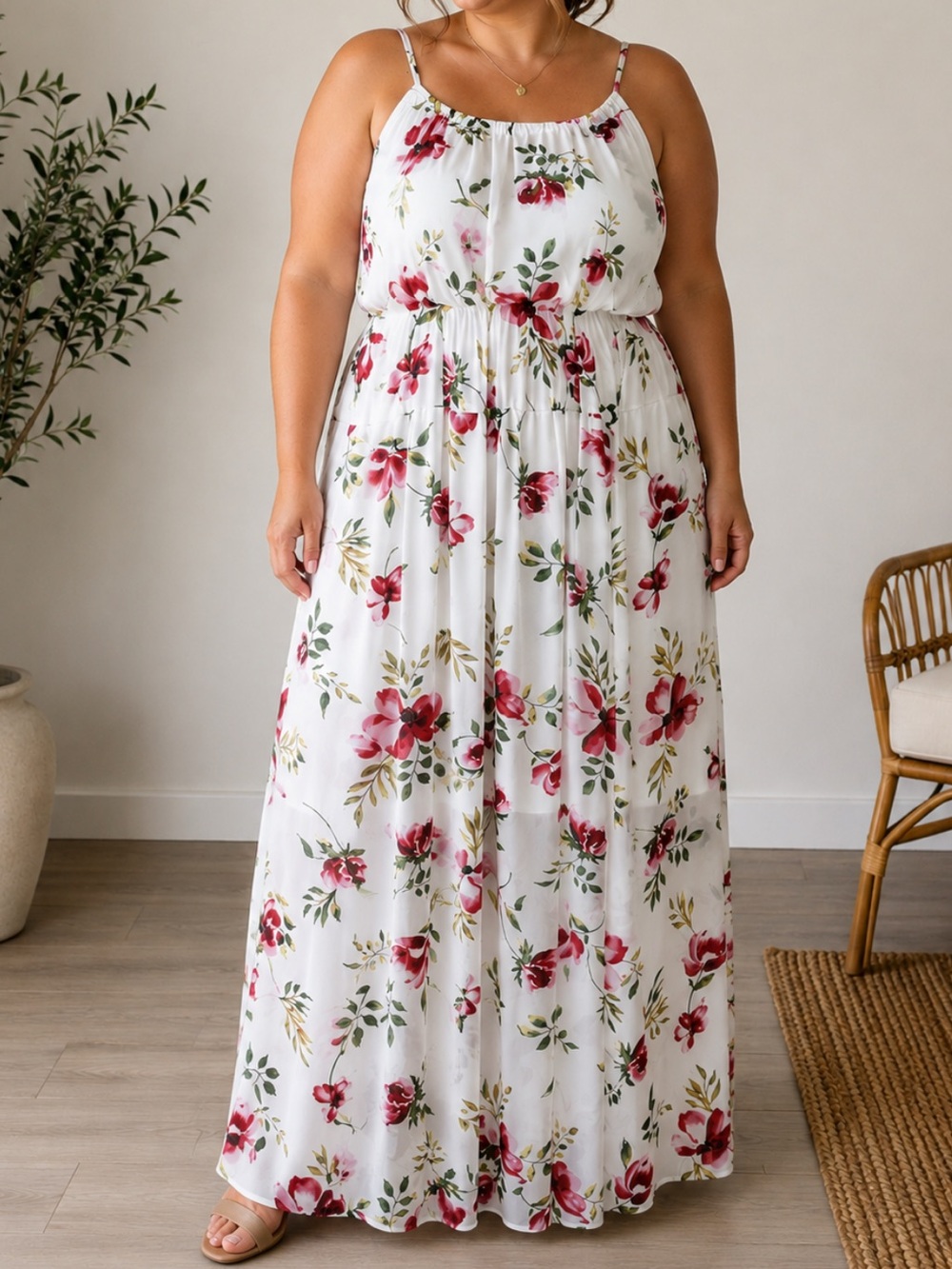 Torrid Cottage Floral Sleeveless Chiffon Shift Maxi Dress Boho White 3X